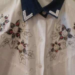 Beaded Jane Ashley Long Sleeve Shirt, Denim Collar